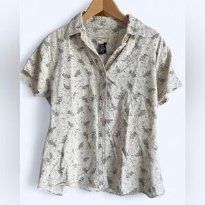 Vintage No-Excess Womens Floral Grey Linen Blend Short Sleeve Button Up Shirt L